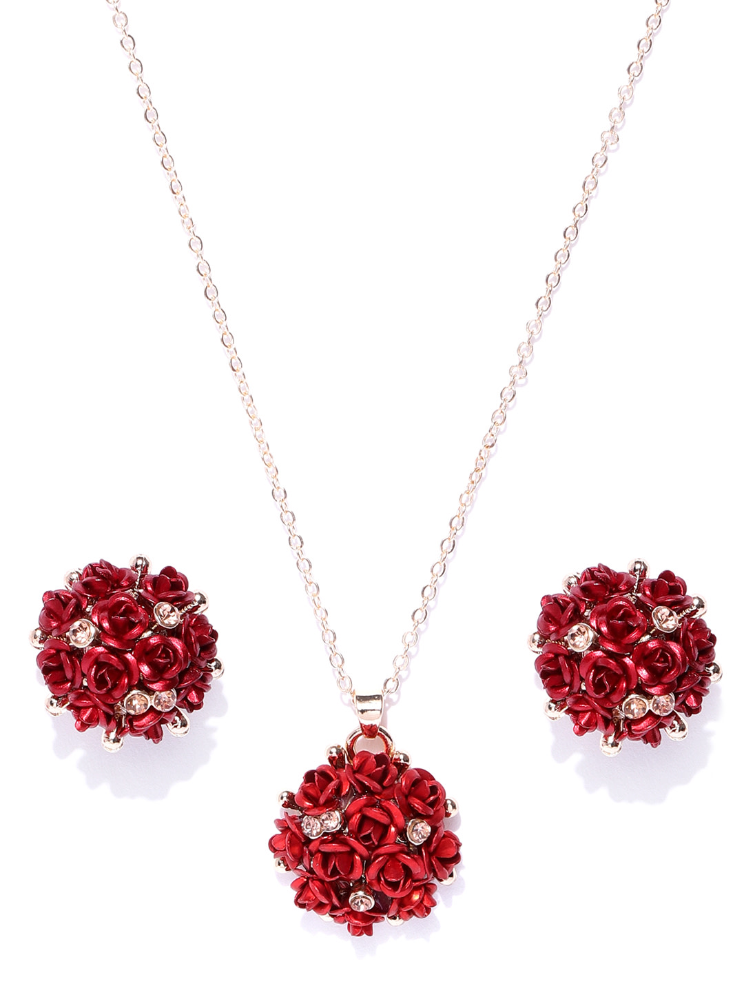 YouBella Red Gold-Plated Stone-Studded Floral Jewellery Set